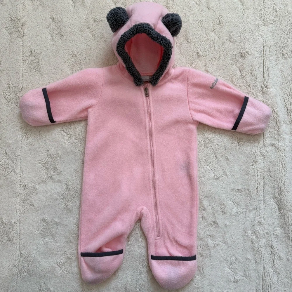 Columbia Baby Pink One Piece Fleece Bunting Suit with Bear Ears